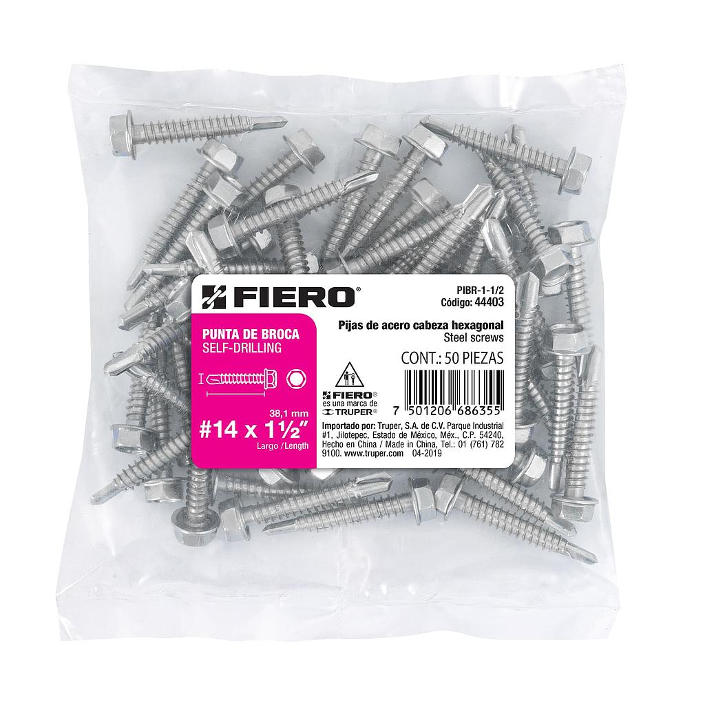 BOLSA DE 50 PIJAS No. 14 X 1-1/2" CABEZA HEXAGONAL PUNTA DE BROCA FIERO
