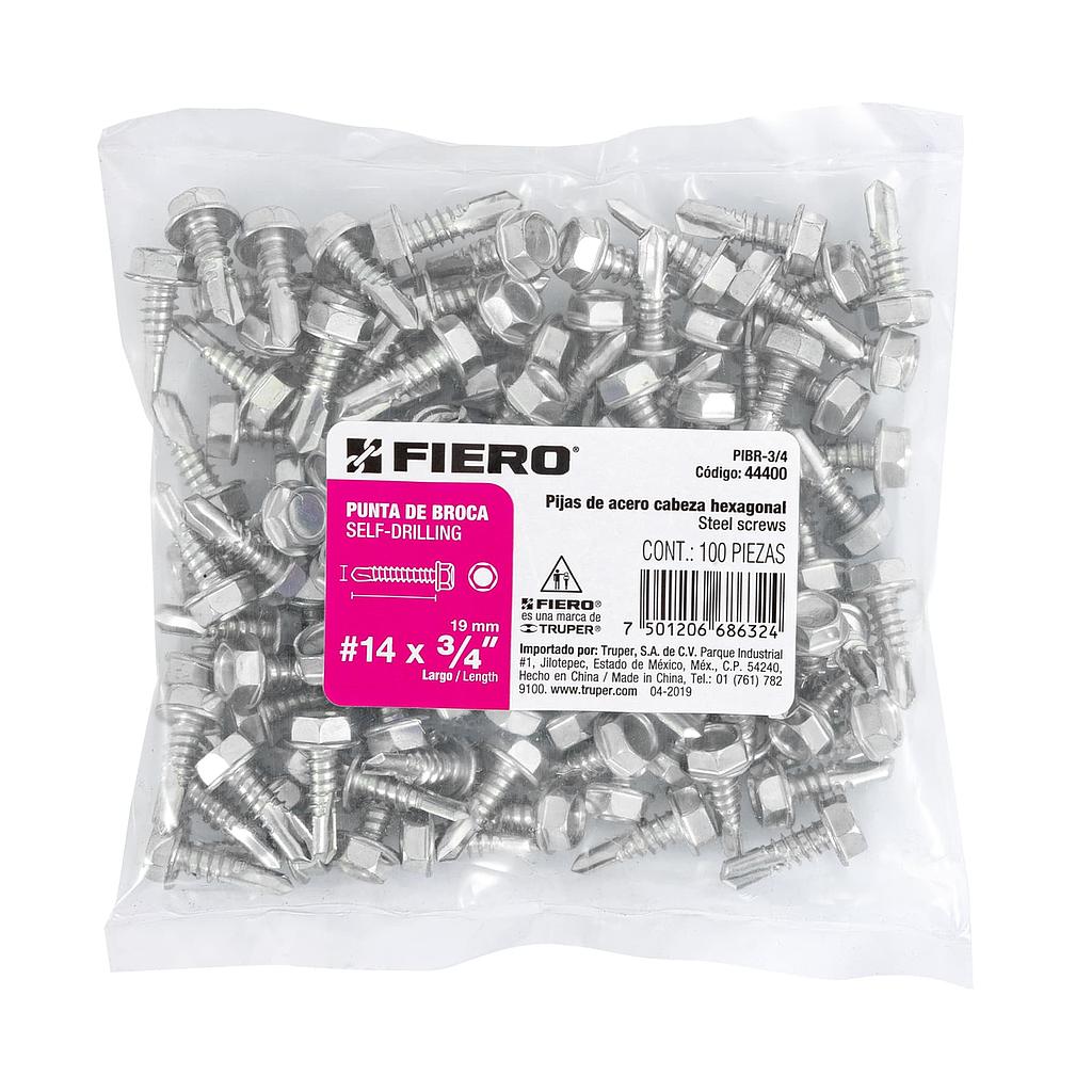 BOLSA DE 100 PIJAS #14 X 3/4" CABEZA HEXAGONAL PUNTA DE BROCA FIERO