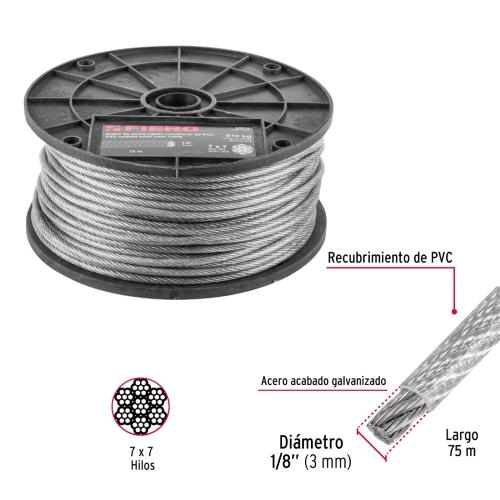 ROLLO DE 75 m CABLE RIGIDO DE 1/8" ACERO 7 X 7 RECUBIERTO DE PVC FIERO