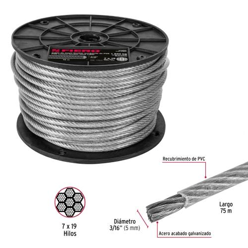 ROLLO DE 75 m CABLE FLEXIBLE DE 3/16" ACERO 7 X 19 RECUBIERTO DE PVC FIERO