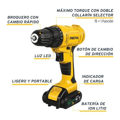 TALADRO/DESTORNILLADOR 3/8"  12 V  1 BATERÍA 2 Ah  PRETUL