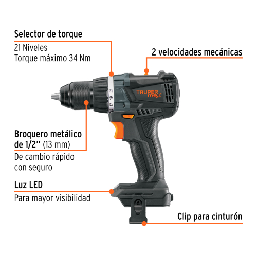 TALADRO INALÁMBRICO 1/2, 20V, S/ACCESORIOS, TRUPER MAX