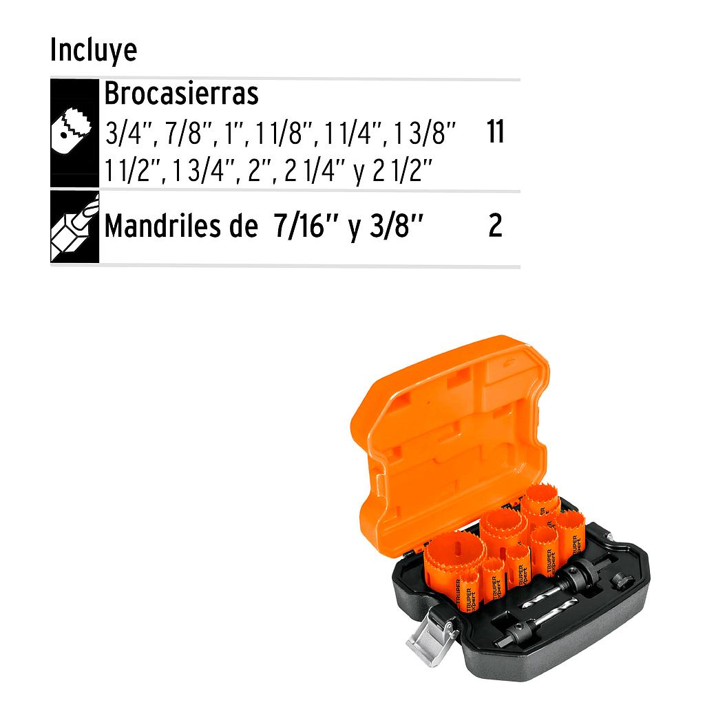 JUEGO DE 11 BROCASIERRAS BIMETÁLICAS Y  2 MANDRILES EXPERT TRUPER