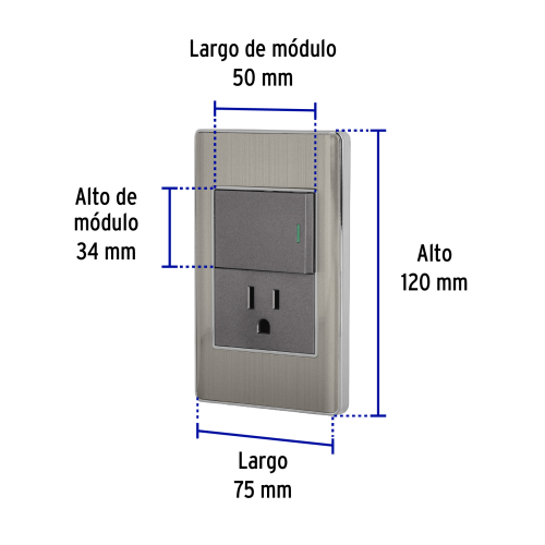 PLACA ARMADA COLOR ACERO  INTERRUPOR Y CONTACTO 1.5 MOD LISBOA  VOLTECK