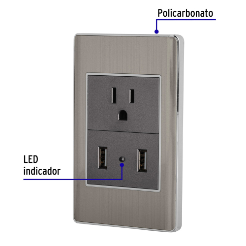 PLACA ARMANDO ACERO CONTACTO Y 2 PUERTOS USB 1.5 MÓD  LISBOA  VOLTECK