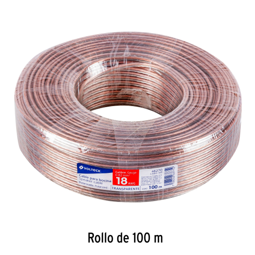 ROLLO DE 100M CABLE POLARIZADO TRANSPARENTE P/BOCINA 18AWG VOLTECK