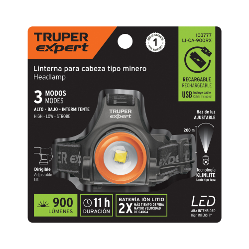 LINTERNA DE MINERO LED 900 LM  RECARGABLE TRUPER EXPERT