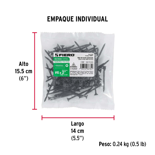 BOLSA 100 PIJAS Num.6 X 2 Plg. CABEZA PLANA PHILLIPS MULTIUSOS CUERDA FINA