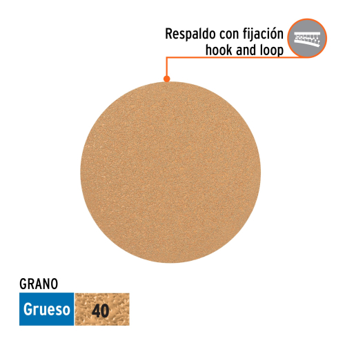 CAJA 5 DISCOS DE LIJA P/MADERA 5 GRANO 40, VELCRO, S/PERF.