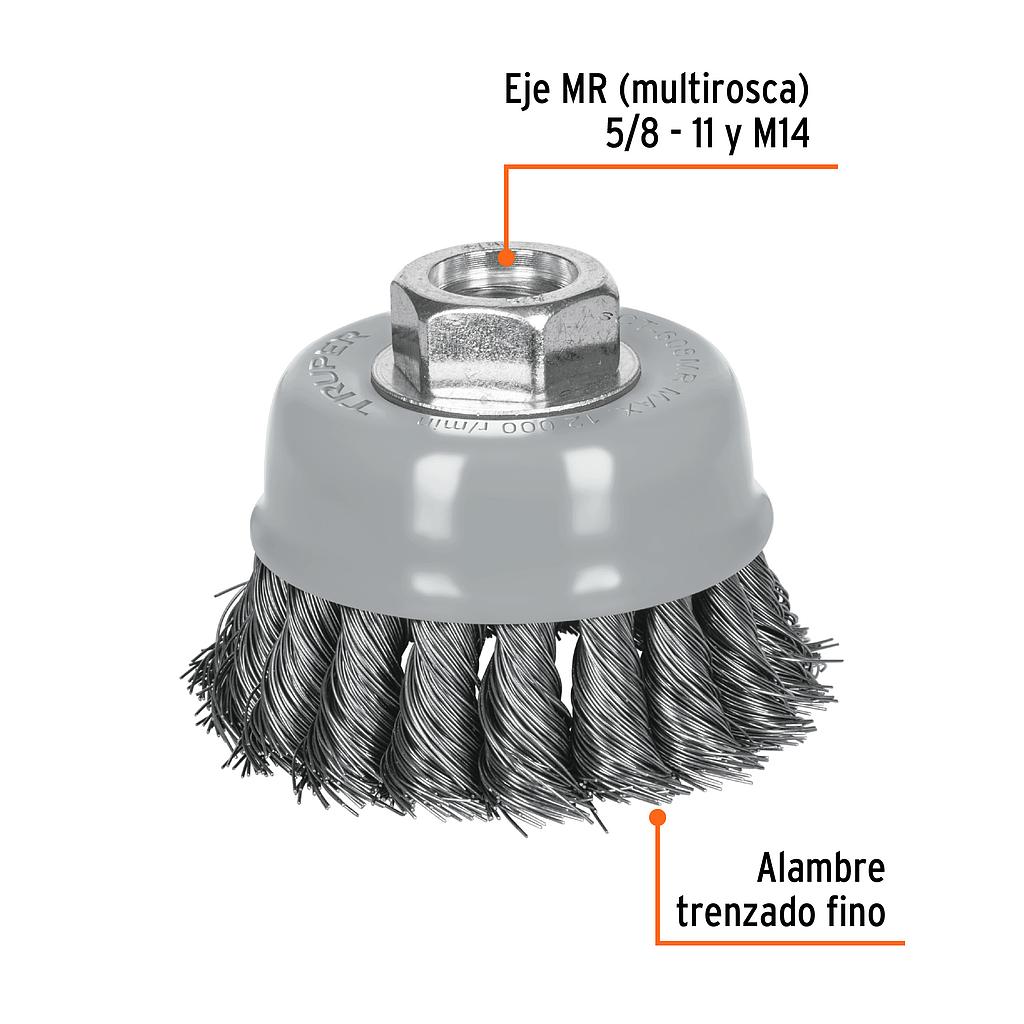 CARDA COPA 3" ALAMBRE TRENZADO FINO MULTI-ROSCA TRUPER