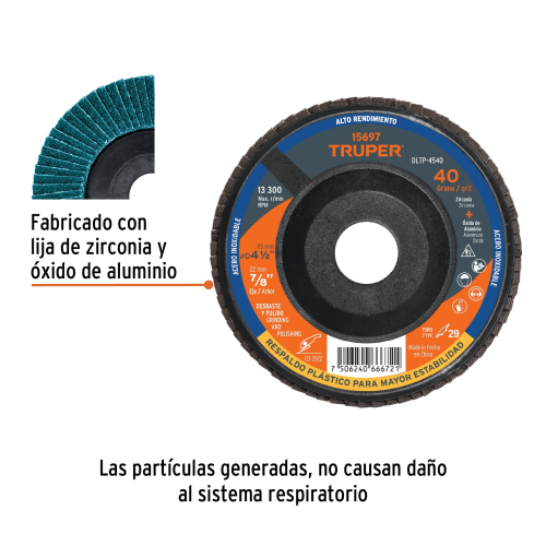 DISCO 4-1/2 LAMINADO RESPALDO PLÁSTICO GRANO 40 CENTRO 7/8