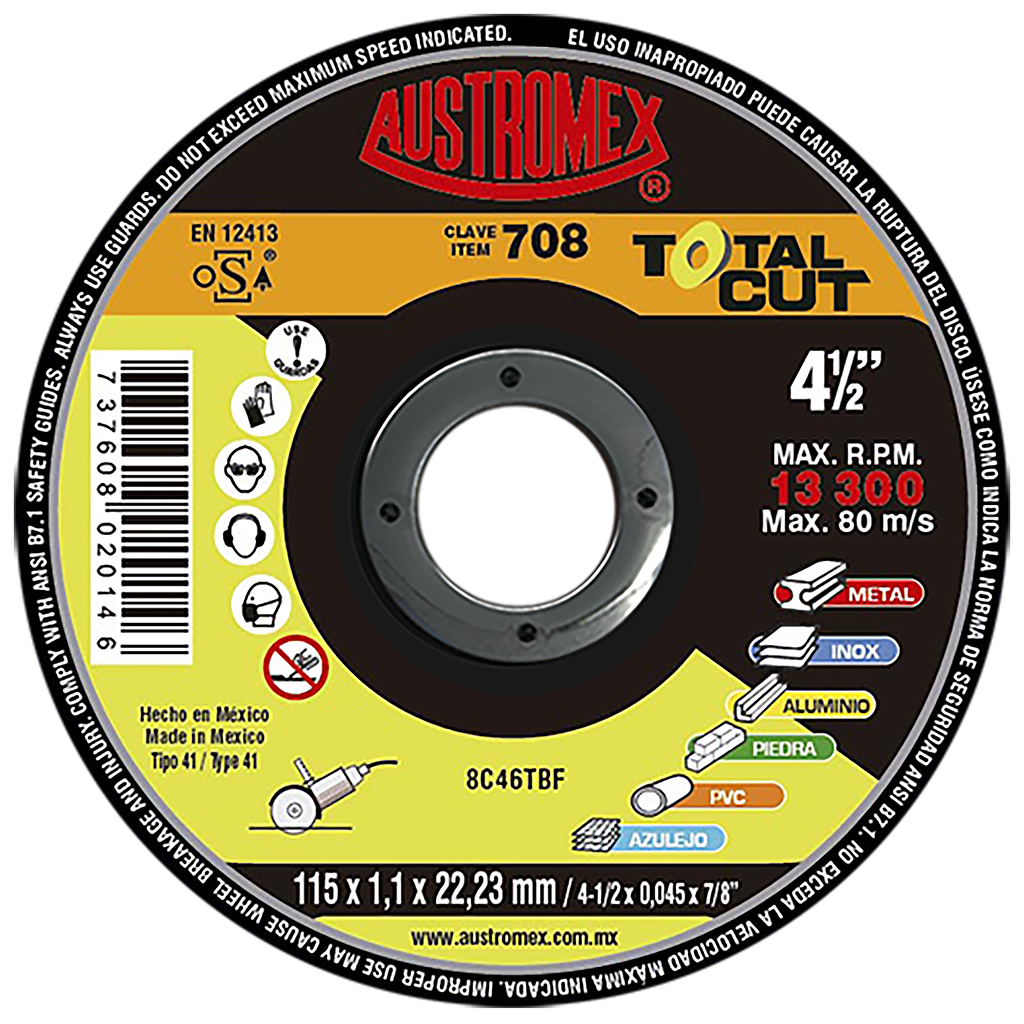 DISCO MULTIPROPOSITO DE 4-1/2" PARA CORTE DE METAL, PIEDRA, PVC, ACULEJO TOTAL CUT AUSTROMEX