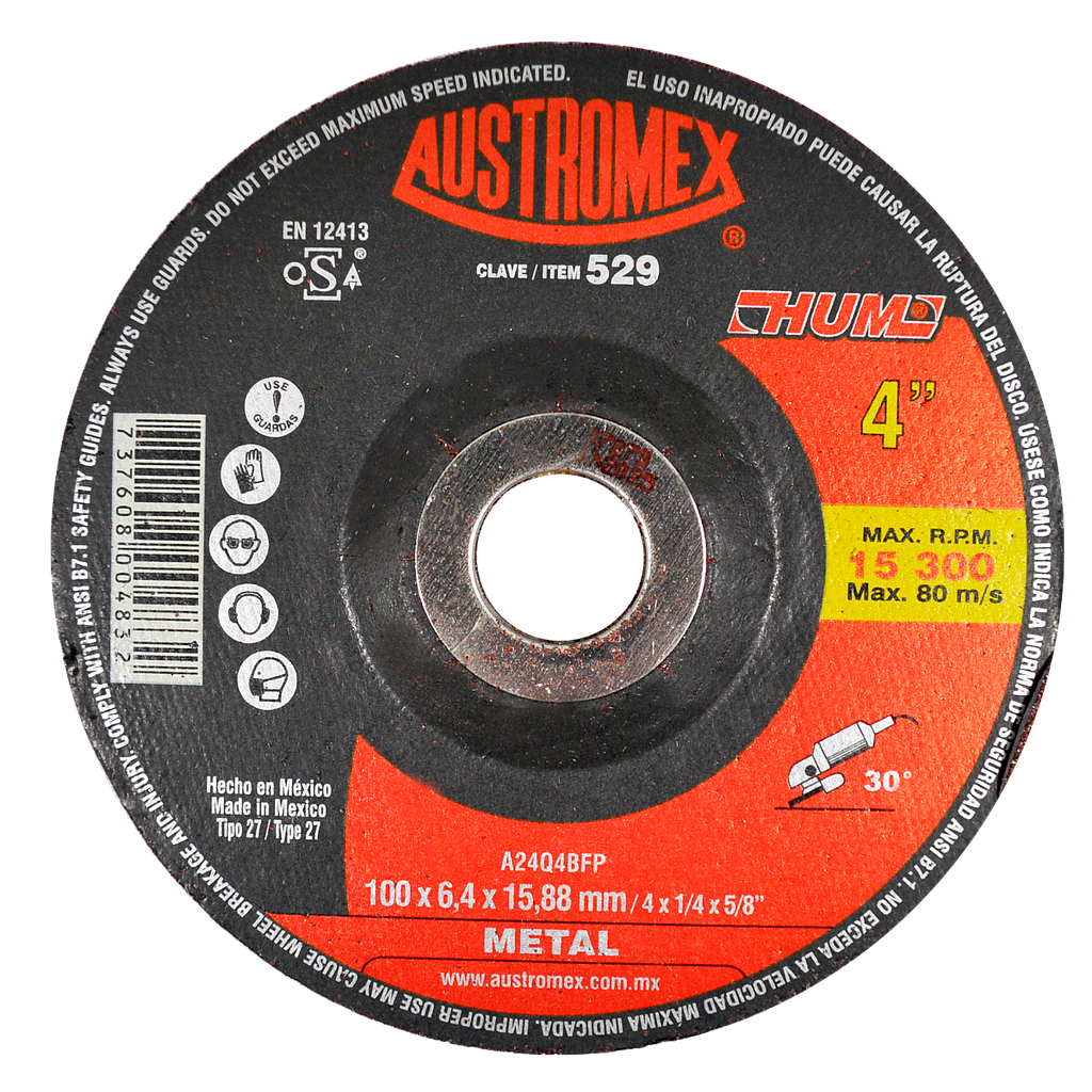 DISCO ABRASIVO DE 4"  PARA DESBASTE DE METAL HUM AUSTROMEX