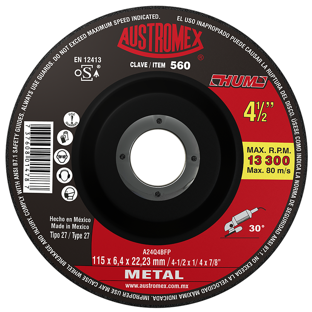 DISCO P/DESBASTE METAL 41/2 HUM AUSTROMEX