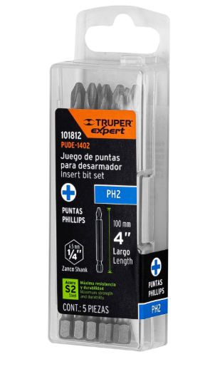 ESTUCHE CON 5 PUNTAS DE CRUZ PH2 LARGO 4, TRUPER EXPERT