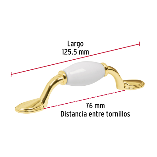 JALADERA METALICA DE 76 mm LATON BRILLANTE INSERTO CERAMICO HERMEX