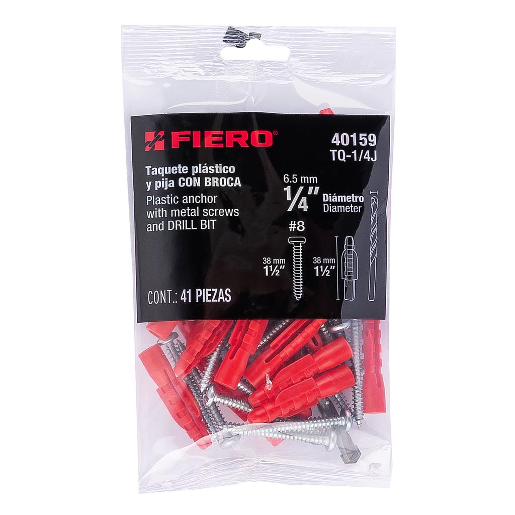 KIT DE 20 TAQUETES DE 1/4" CON PIJAS #8 Y 1 BROCA DE 1/4" FIERO