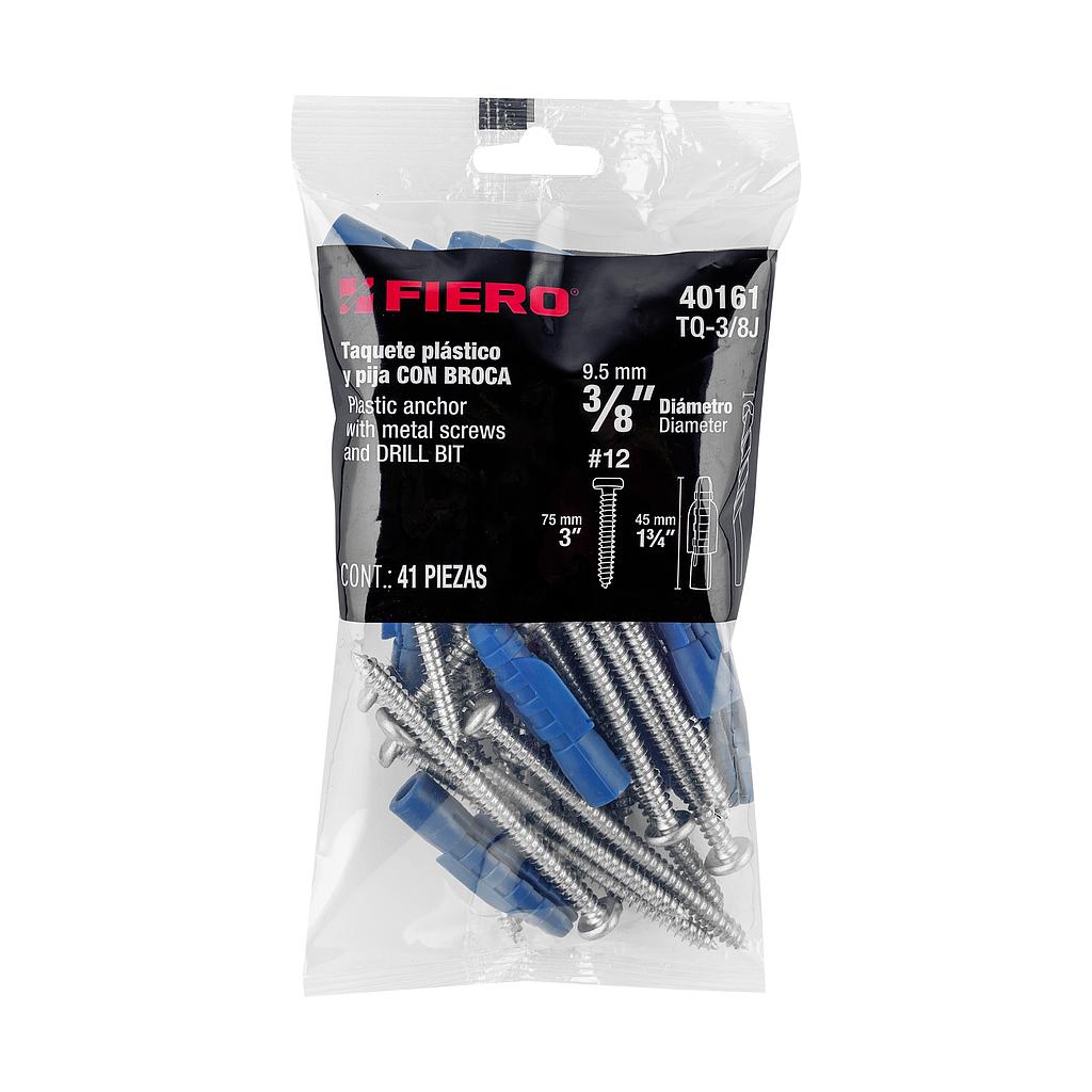 KIT DE 20 TAQUETES DE 3/8" CON PIJAS #12 Y 1 BROCA DE 3/8" FIERO