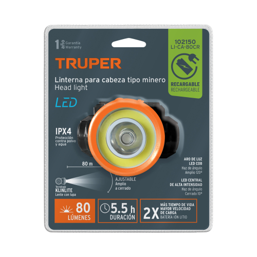 LINTERNA P/CABEZA RECARGABLR 80LM TRUPER