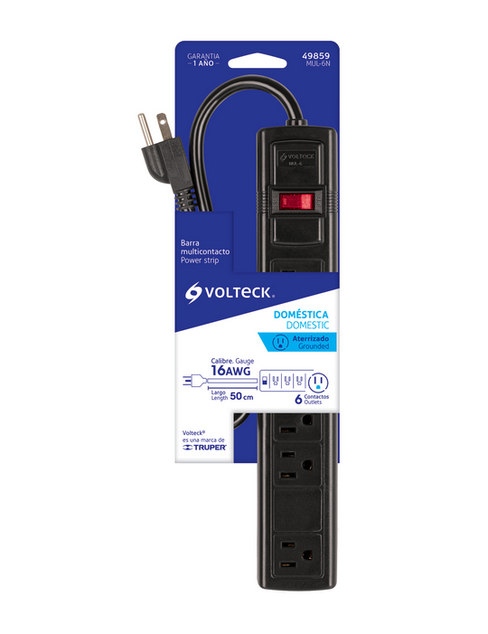 MULTICONTACTO 16 AWG DOMÉSTICO CON 6 ENTRADAS, NEGRO VOLTECK