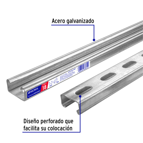PERFIL UNICANAL PERFORADO DE 3 M, 4 X 2 CM, CAL. 18, VOLTECK