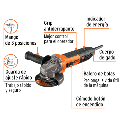 ESMERILADORA ANGULAR 4-1/2, 1100W, TRUPER ERGO PRO