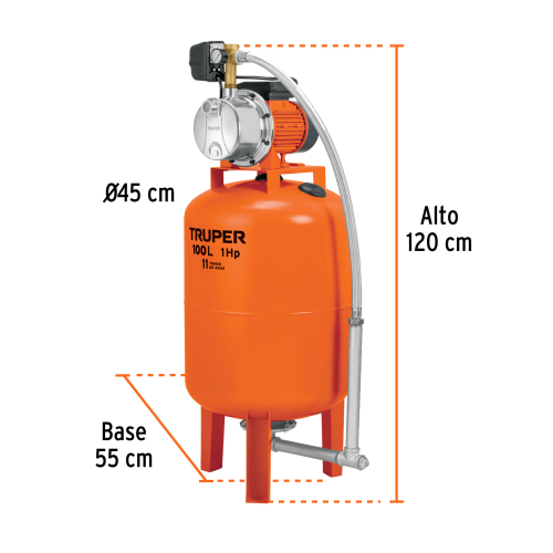 HIDRONEUMATICO 100 LTS BOMBA JET INOX 1 HP TRUPER