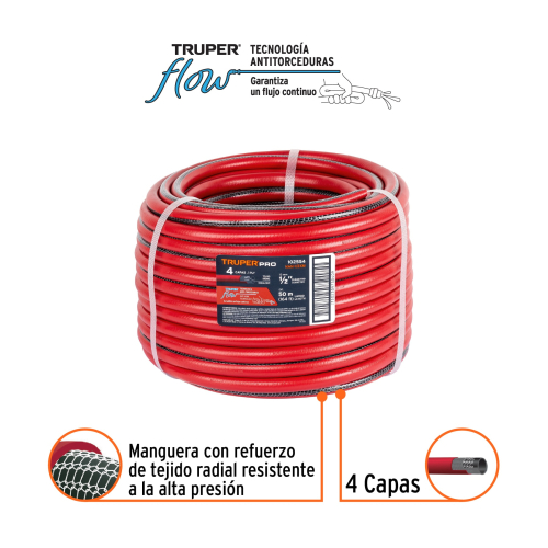 MANGUERA 1/2 4 CAPAS EN ROLLO DE 50 M, TRUPER