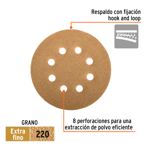 PAQUETE C/5 DISCOS DE LIJA 5 GRANO 220, 8 PERFORACIONES