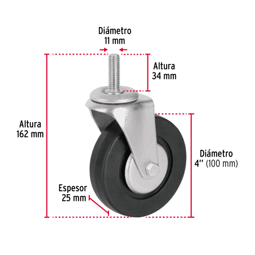 RODAJA HULE 4 Plg. CON ESPIGA ROSCADA CARGA 50KG FIERO