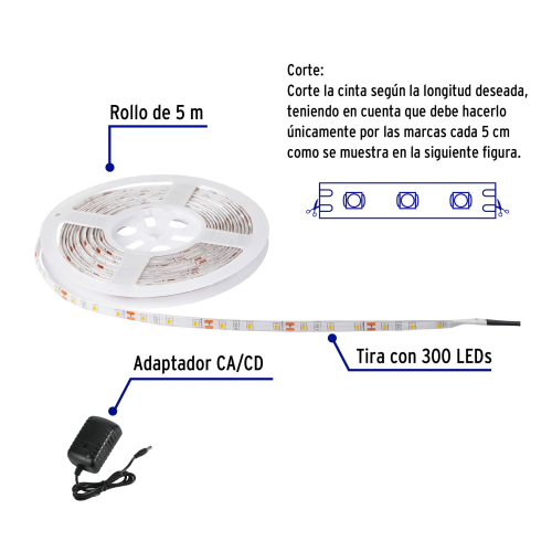 TIRA LED 18 W PARA INTERIOR Y EXTERIOR, 5 M, BLANCO, VOLTECK