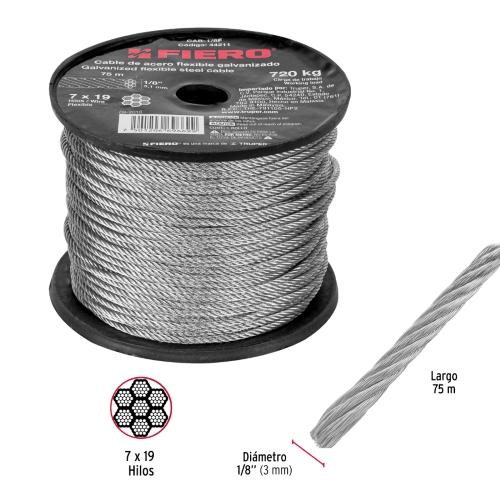 ROLLO DE CABLE FLEXIBLE 1/8  DE ACERO 7x19 HILOS  75M  FIERO