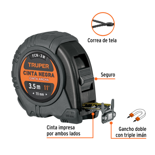 FLEXOMETRO CONTRA IMPACTOS 3 m CINTA NEGRA 13 mm TRUPER