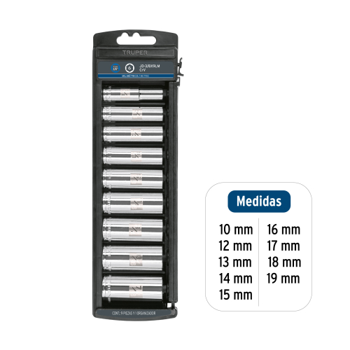 JUEGO DE 9 DADOS LARGOS CUADRO 3/8" mm TRUPER