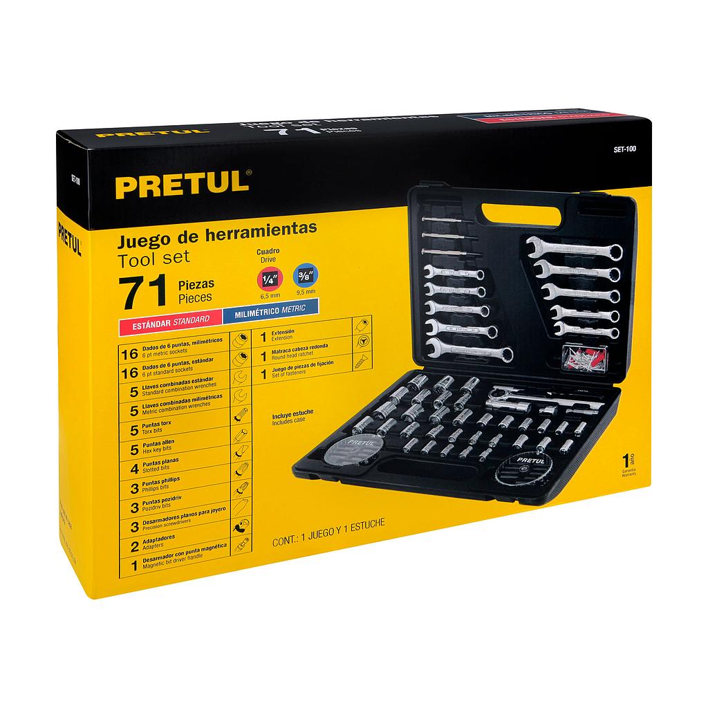 JUEGO DE 71 HERRAMIENTAS 1/4 Y 3/8 PARA MECANICO PRETUL