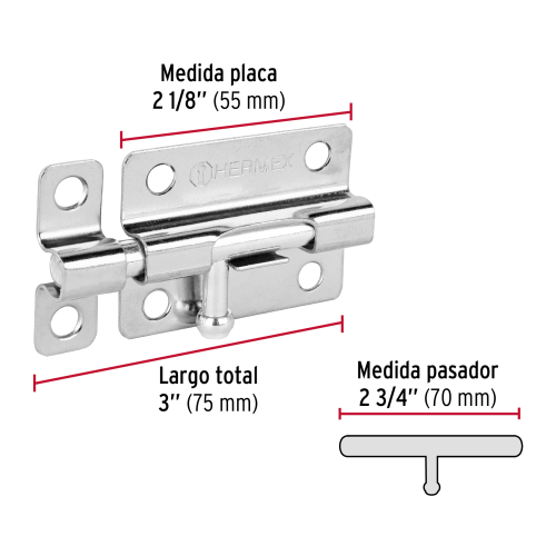 PASADOR DE BARRIL DE ACERO ACABADO CROMO DE 3" HERMEX