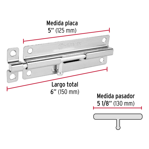 PASADOR DE BARRIL DE ACERO ACABADO CROMO DE 6" HERMEX