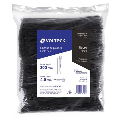 BOLSA CON 1000 CINCHOS PLASTICOS 30CMX4.5MM NEGROS VOLTECK
