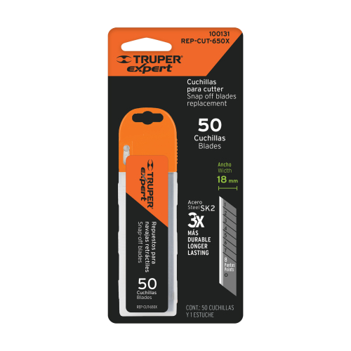 ESTUCHE C/50 CUCHILLAS 18MM ACERO SK2 PARA CUTTER TRUPER