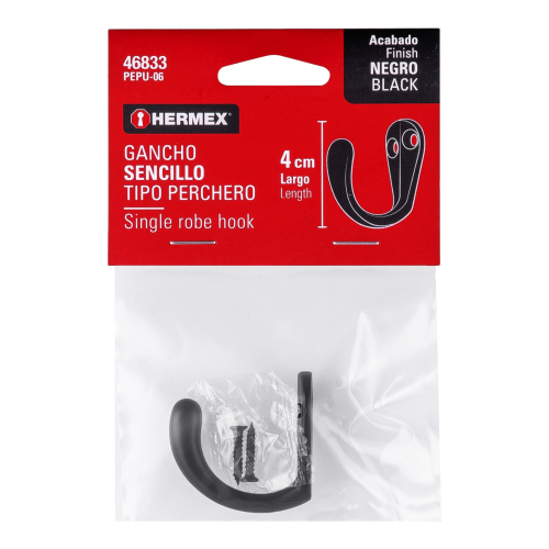 GANCHO SENCILLO TIPO PERCHERO DE 4 cm NEGRO HERMEX