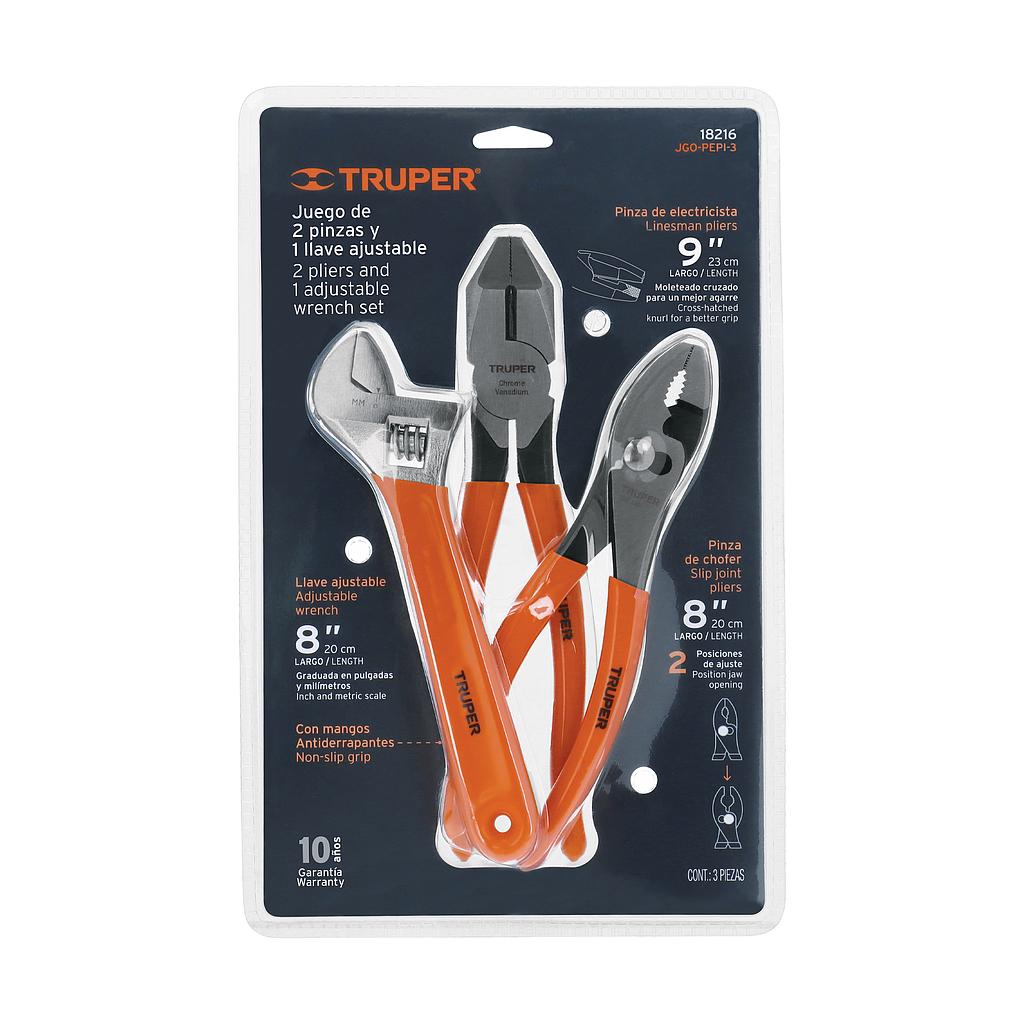 JUEGO CON 2 PINZAS Y 1 LLAVE AJUSTABLE MANGO PVC, TRUPER