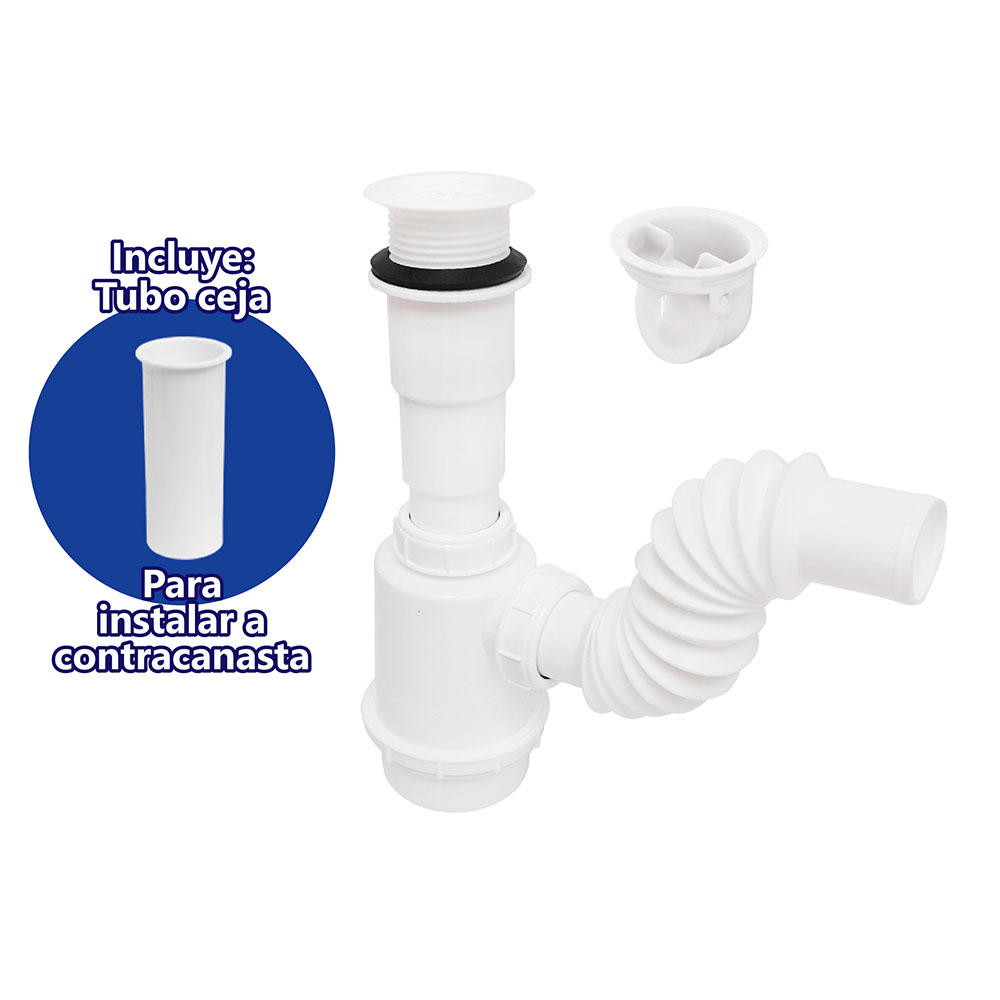 CESPOL PARA FREGADERO CON CHECK ANTI-OLORES Y REJILLA BLANCA BOTE GRANDE CON EXTENSION 25 CM FLEXIMATIC