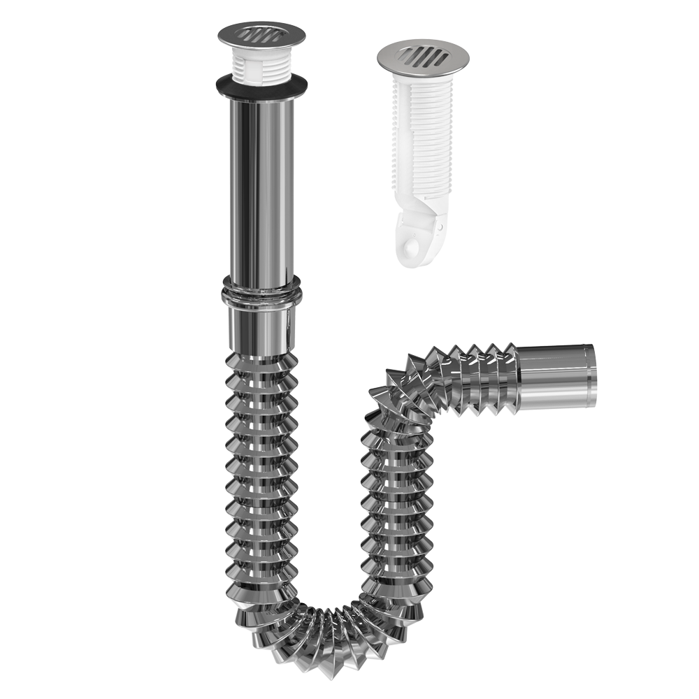 CESPOL PARA LAVABO U OVALIN REJILLA DE ACERO INOXIDABLE CROMADO EXTENSION FLEXIBLE DE 55 CM FLEXIMATIC