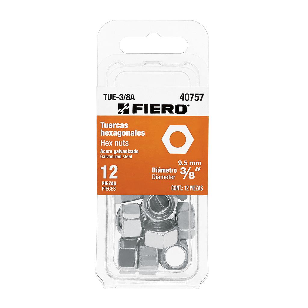BLISTER CON 12 TUERCAS HEXAGONALES DE 3/8" DE ACERO GALVANIZADO FIERO