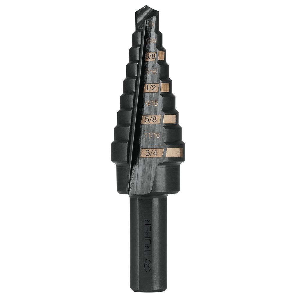 BROCA ESCALONADA OXIDO NEGRO 9 ESCALONES 1/4" A 3/4" TRUPER