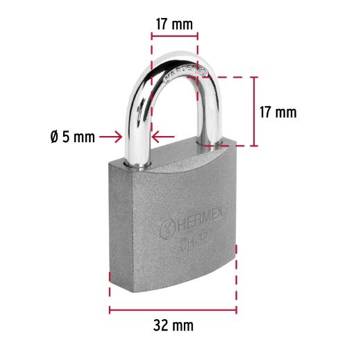 CANDADO DE HIERRO DE 32 mm GANCHO CORTO EN CAJA HERMEX
