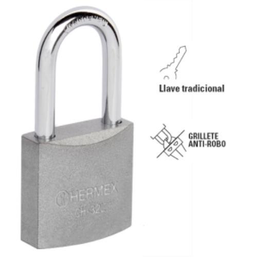 CANDADO DE HIERRO DE 32 mm GANCHO LARGO EN CAJA HERMEX