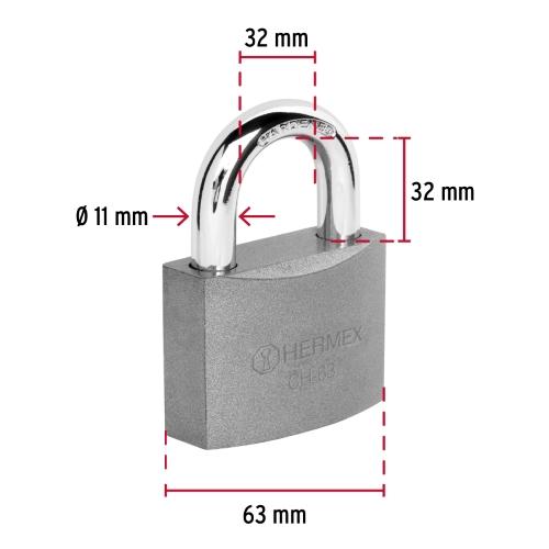 CANDADO DE HIERRO DE 63 mm GANCHO CORTO EN CAJA HERMEX
