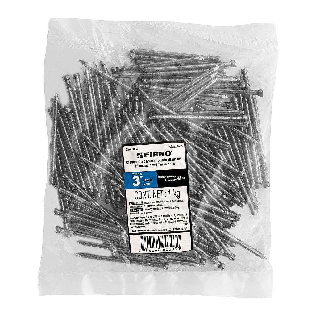 BOLSA CON 1 kg DE CLAVO ESTANDAR DE 3" SIN CABEZA FIERO