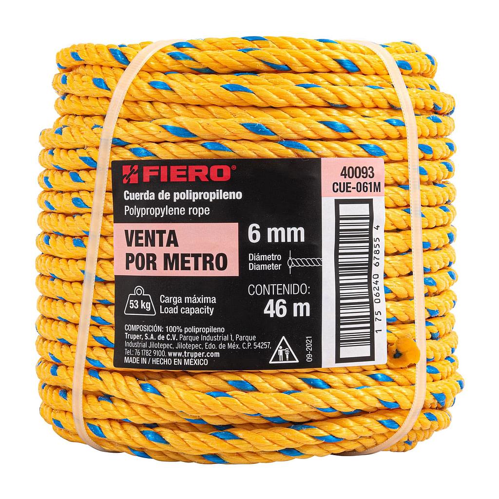 CUERDA AMARILLA DE POLIPROPILENO 6 MM (1/4), ROLLO 46M FIERO